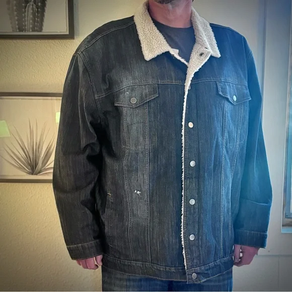 True Nation by DXL Men's Big & Tall Dark Blue Denim Sherpa & Plaid Lined Jacket - Picture 2 of 9
